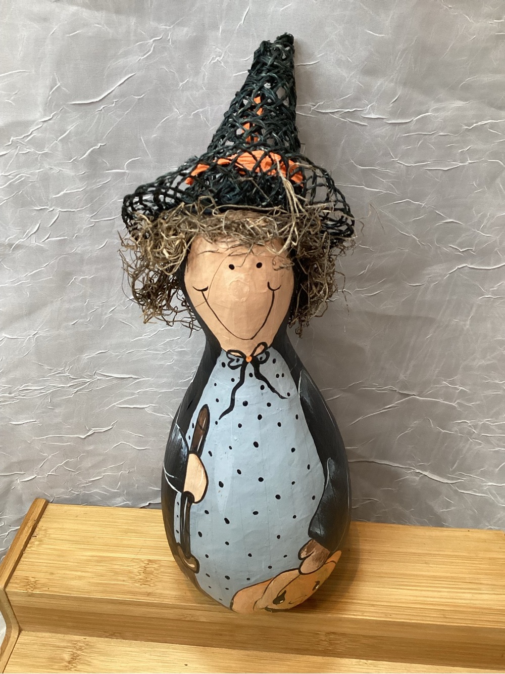 Handcrafted Gourd Halloween Witch Figurine Hand Painted & Signed Decor 1993